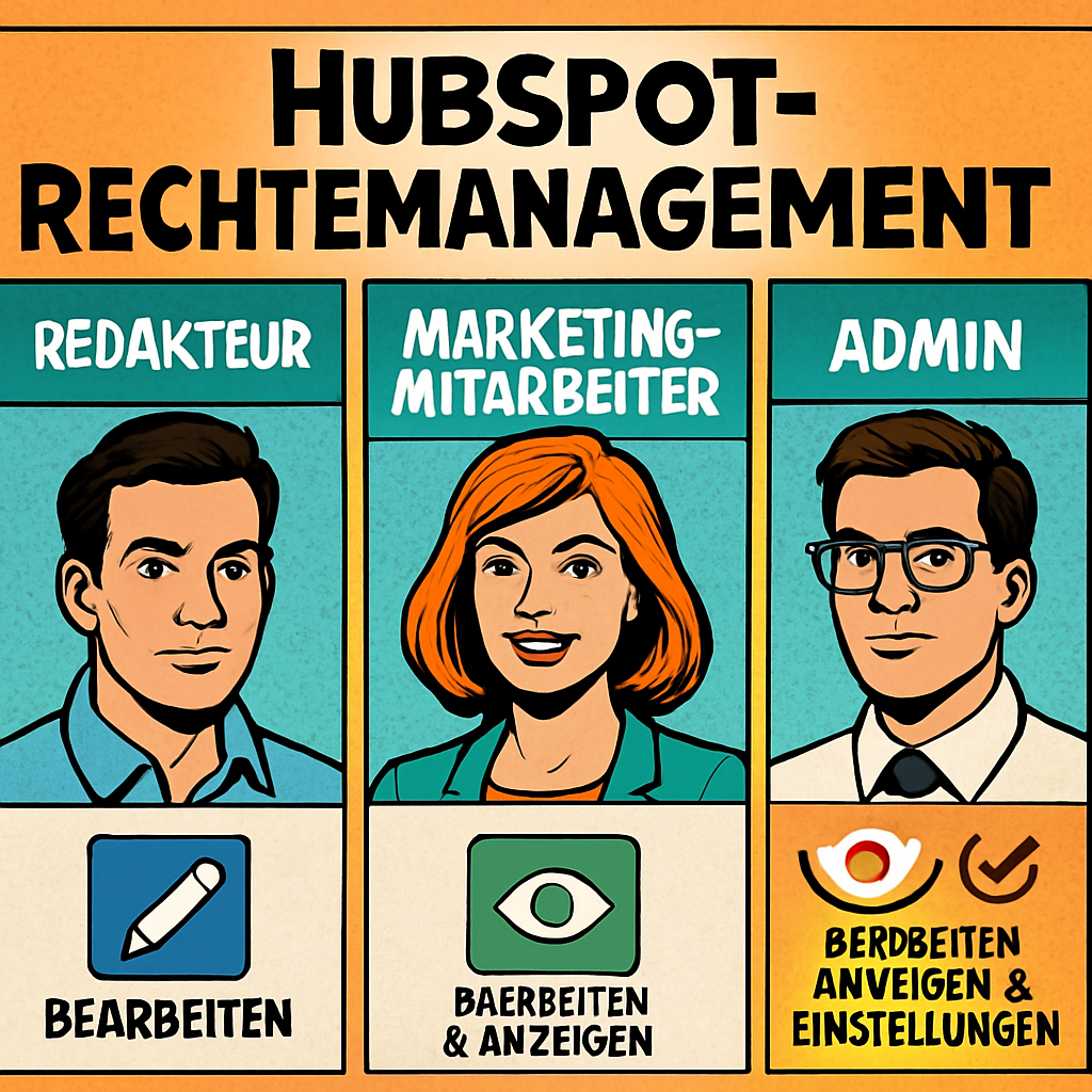 comicbook Erstelle mir eine Grafik die das HubSpotRechtemanagement  fr Redakteure Marketingmitarbeiter und Admins zeigt Bitte auf Deutsch-1