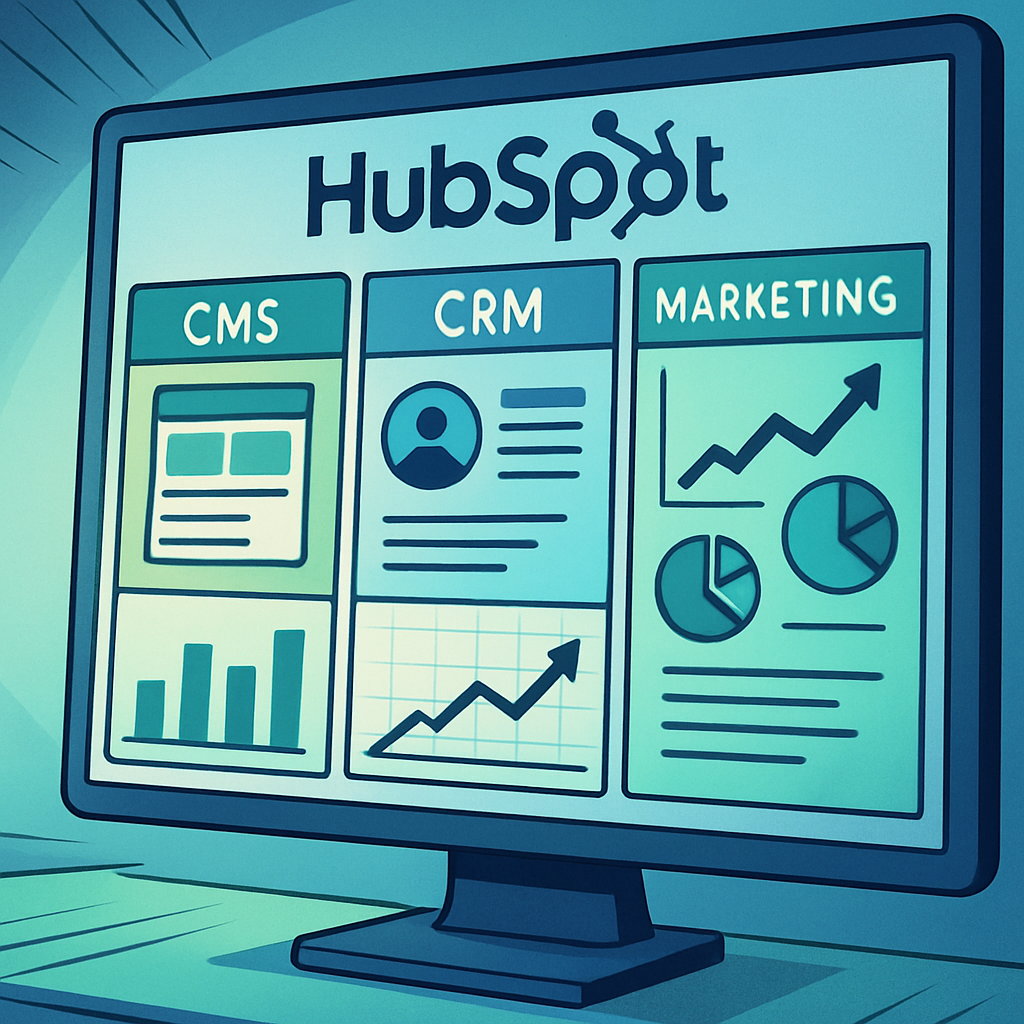 Comicbook Visualisiere ein dynamisches Dashboard das die Integration von HubSpot CMS CRM und Marketing zeigt Sanfte aber klare Beleuchtung schafft ein