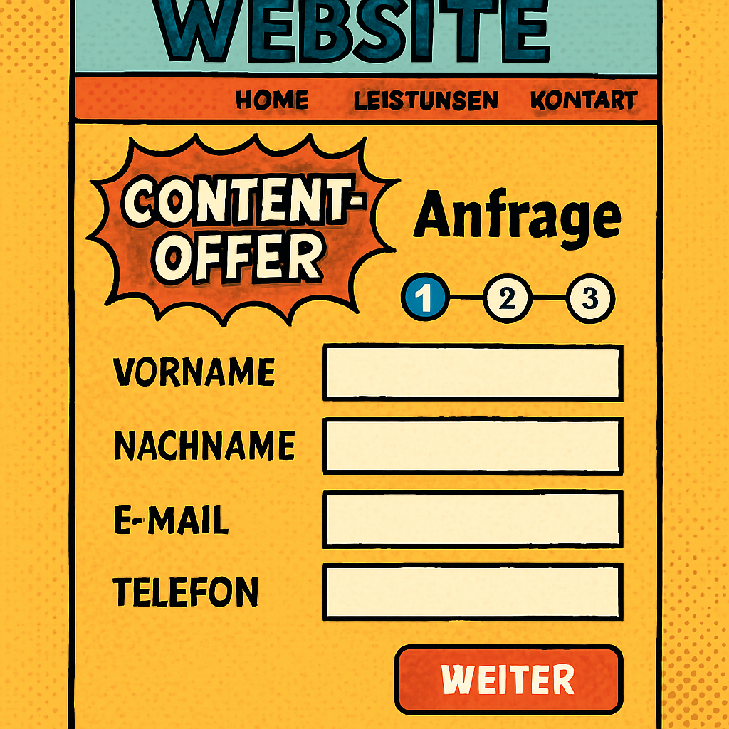 comicbook Zeige eine Website auf der ein mehrstufiges Formular zur Anfrage eines Contentoffer enthalten ist Die Texte sollten mglichst deutsch sein-1