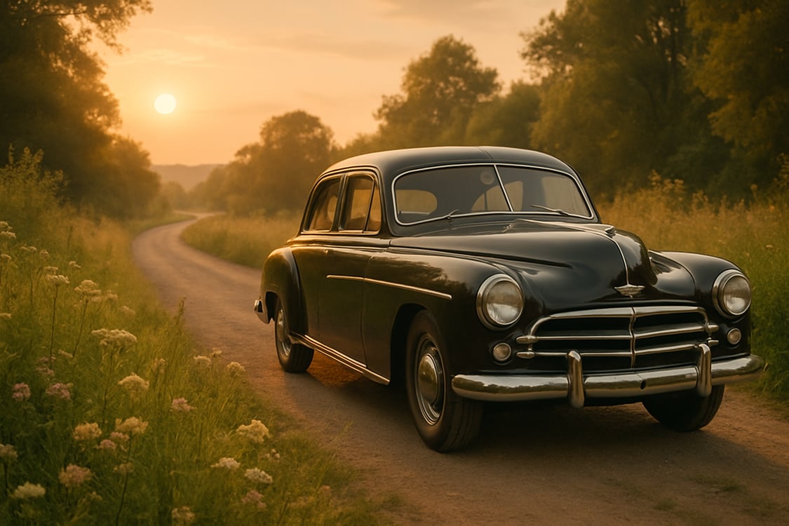 photographic Create a captivating hero image for an oldtimer website blog featuring a vintage car parked on a scenic country road during golden hour T