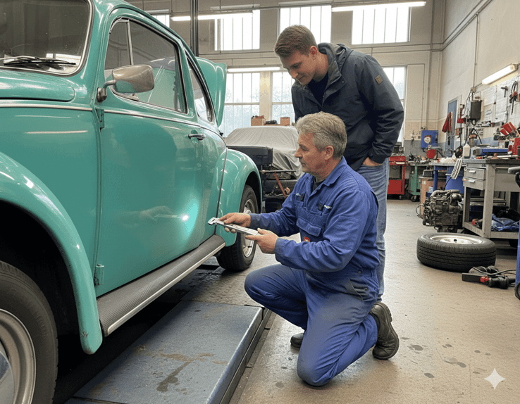 Werkstattmeister zeigt einem Kunden am VW Käfer die Schweller-Region, mit Taschenlampe und Messwerkzeug, freundliche Stimmung, echte Werkstatt, keine sterile Hochglanzoptik